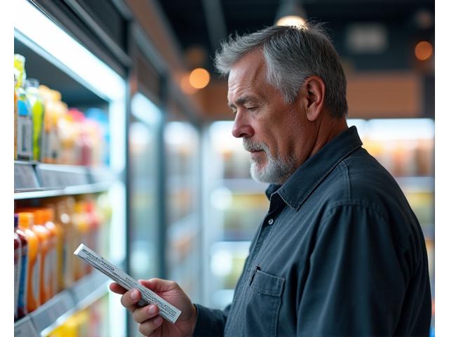 Čovek pažljivo čita etiketu proizvoda u supermarketu, fokusirajući se na sastojke
