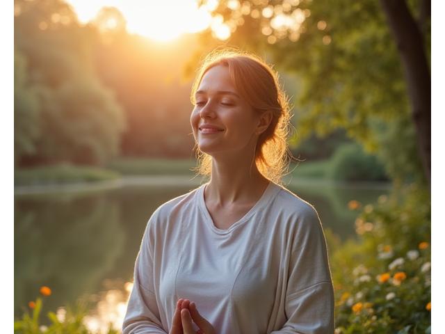 Žena srednjih godina meditira mirno u prirodi, simbolišući mentalnu ravnotežu i spokoj. Prikazuje fokus i unutrašnji mir.