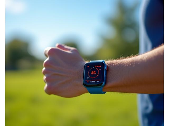 Moderan fitnes sat na ruci osobe koja vežba, sa prikazom otkucaja srca na ekranu.