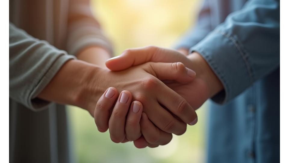 Ruke u gestu podrške i razumevanja, sa blagim zamućenjem u pozadini koje simbolizuje sigurno okruženje, naglašavajući poverenje i sigurnost zajednice.