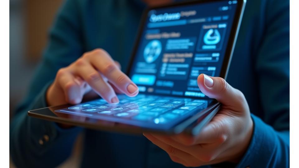 Osoba koristi tablet za popunjavanje online ankete sa balončićima govora, u pozadini grafici povratnih informacija, simbolizujući korisničko učešće.